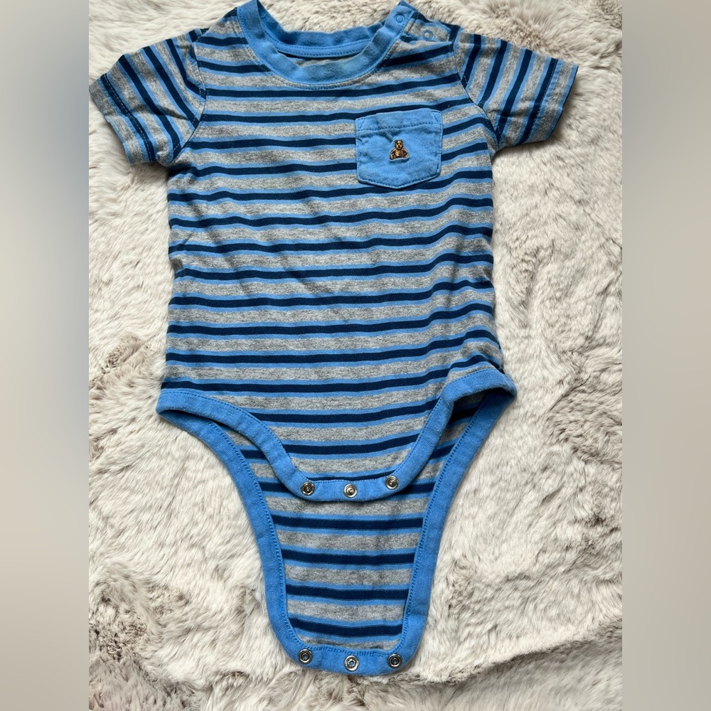 Baby Gap.  3-6 month blue onesie.  Embroidered bear.  Slight staining on neck.